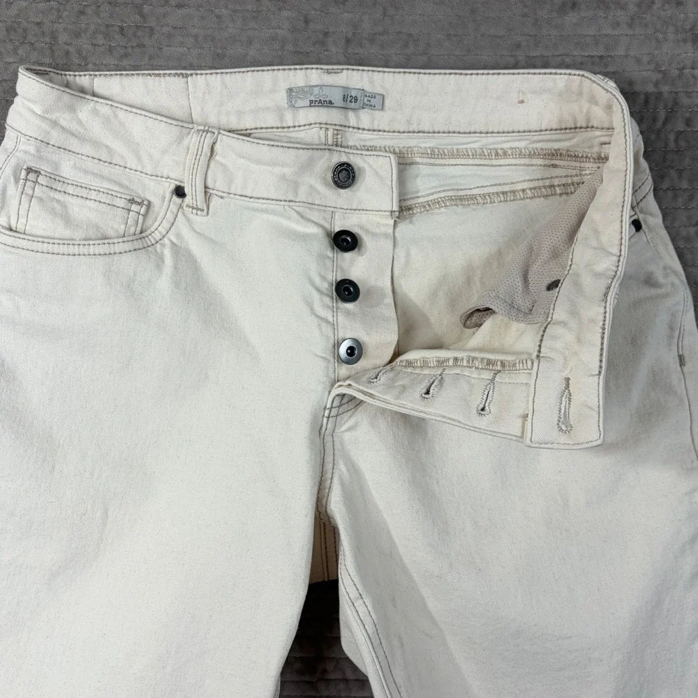 Prana Kara Jeans Womens 8/29 Off White Cream Denim Button Fly‎ Tapered Leg Pants